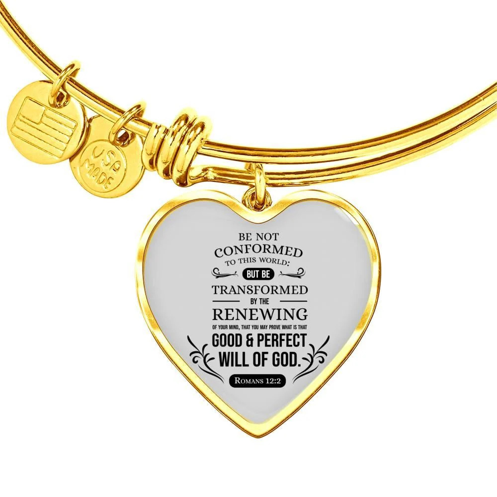 Be Not Conformed Romans 12:2 Personalized Engraved Gold Heart Bangle Bracelet